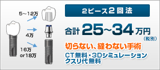 2ピース2回法 合計28.5万円 切らない縫わない手術 CT無料・3Dシミュレーション クスリ代無料